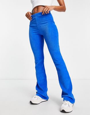 Topshop stretchy cord flared pants in cobalt blue