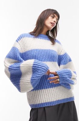 Topshop Stripe Balloon Sleeve Sweater in Blue Multi