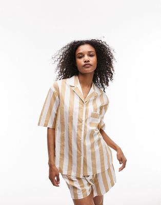 Topshop stripe cotton piped shirt and shorts pajama set in camel-Multi