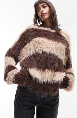 Topshop Stripe Faux Fur Sweater in Stone