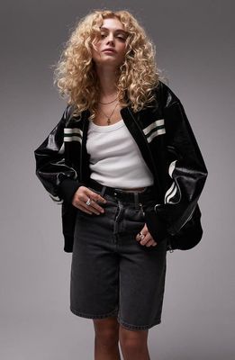 Topshop Stripe Faux Leather Bomber in Black