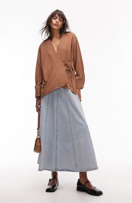 Topshop Stripe Long Sleeve Wrap Shirt in Brown Multi