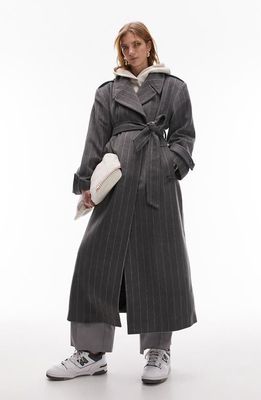 Topshop Stripe Longline Coat in Grey