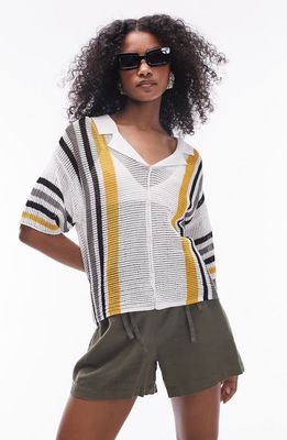 Topshop Stripe Open Stitch Polo Sweater in White Multi