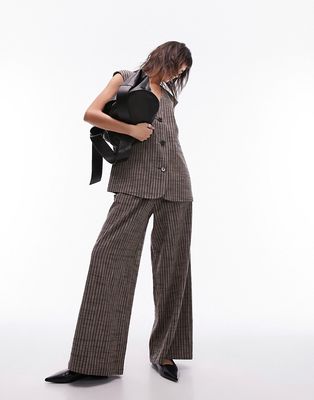 Topshop striped linen wide leg pleated pants in brown - part of a set