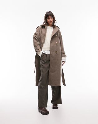 Topshop super oversized brushed trench coat in mocha-Brown
