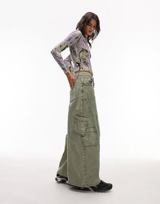 Topshop super wide washed skate cargo pants in khaki-Green