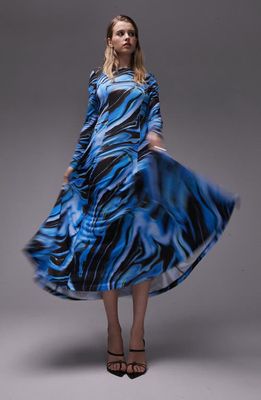 Topshop Swirl Print Cutout Sleeve Knit Midi Dress in Medium Blue