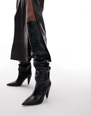 Topshop Tabitha premium leather cone heel knee high boot in black