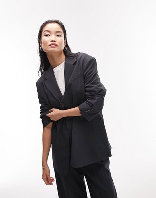 Topshop Tailored oversized blazer with twisted sleeve in petrol - part of a set-Black