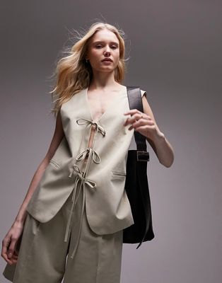 Topshop tailored tie front vest in sand - part of a set-Neutral