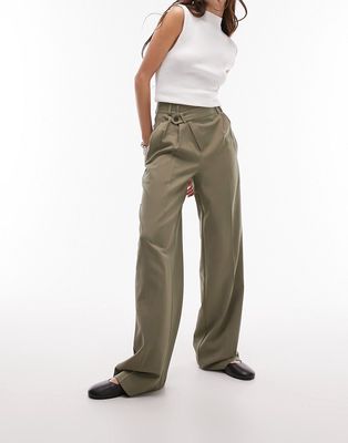 Topshop tailored wrap over detail pants in dark khaki - part of a set-Green