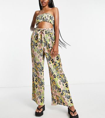 Topshop tall 60's floral plisse wide leg beach pants in multi