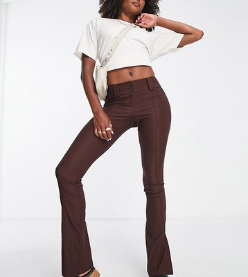 Topshop Tall bengaline double button low rise flare pants in chocolate-Brown