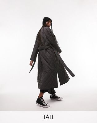 Topshop Tall collarless quilted coat in charcoal-Gray