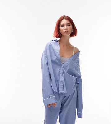 Topshop Tall cotton stripe shirt and pants pajama set in tonal blue