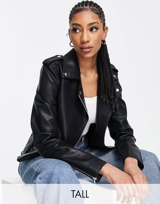 Topshop Tall faux leather moto jacket in black