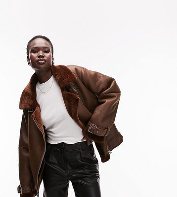 Topshop Tall faux leather shearling aviator biker jacket in chocolate-Brown