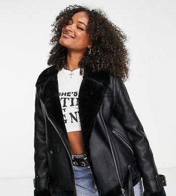 Topshop Tall faux leather shearling aviator moto jacket in black