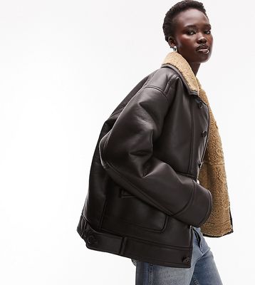 Topshop Tall faux leather shearling oversized car coat with borg lining in brown
