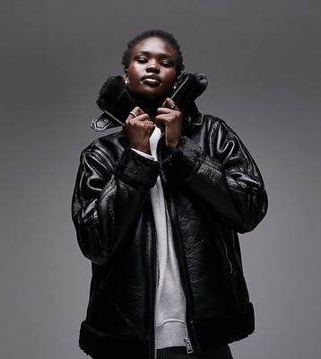 Topshop Tall faux leather shearling zip front oversized aviator jacket with double collar detail in black