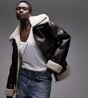Topshop Tall faux leather shearling zip front oversized aviator jacket with double collar detail in chocolate-Brown
