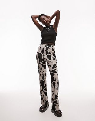 Topshop Tall floral printed plisse straight leg pants in mono-Multi