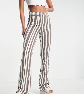 Topshop Tall high rise striped print flared pants with front pockets in chocolate-Multi