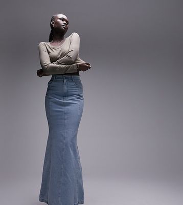 Topshop Tall high waist denim fishtail skirt in bleach-Blue