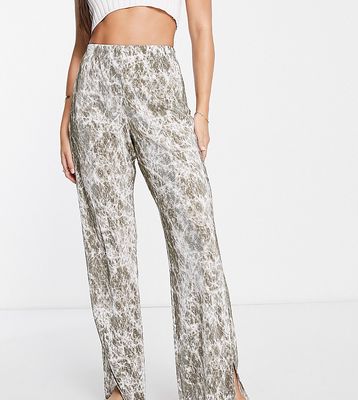 Topshop Tall marble straight leg plisse pants in stone-Neutral