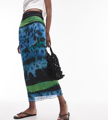 Topshop Tall mesh animal with contrast lime trim midi skirt in multi