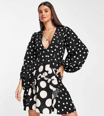 Topshop Tall mixed spot long sleeve ruffle mini dress in mono-Multi