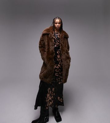 Topshop Tall oversized faux fur coat in chocolate-White