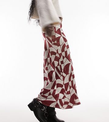 Topshop Tall satin bias maxi skirt in red geo print