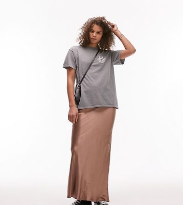 Topshop Tall satin bias maxi skirt in taupe-Brown