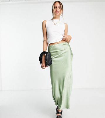 Topshop tall satin bias midi skirt in light khaki-Green