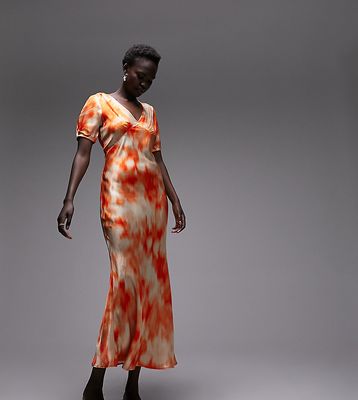 Topshop Tall short sleeve bias midi slip dress in orange print