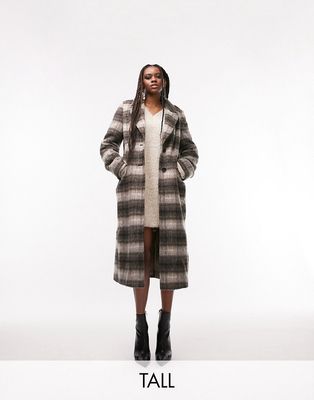 Topshop Tall smart brushed loose check coat in brown