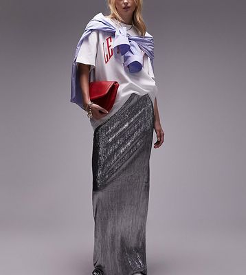 Topshop Tall textured maxi skirt in metallic silver