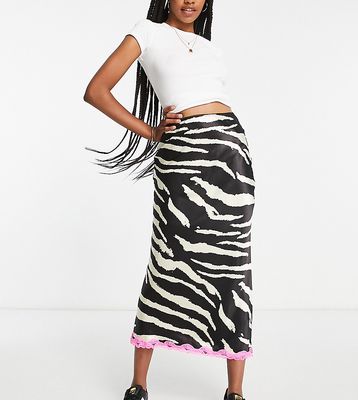 Topshop tall zebra print contrast pink lace hem bias midi skirt in monochrome-Black