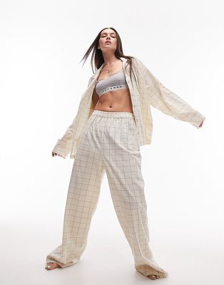 Topshop textured cotton plaid shirt and pants pajama set in ecru-Neutral