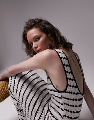 Topshop textured crochet stripe midi jersey dress in mono-Multi