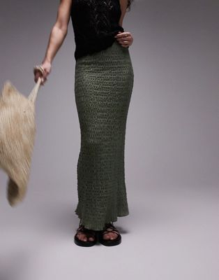 Topshop textured midi skirt in khaki-Green