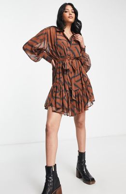 Topshop Tiered Long Sleeve Mini Shirtdress in Brown