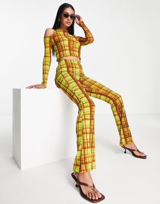 Topshop tissue mesh flared pants in green grunge check - part of a set