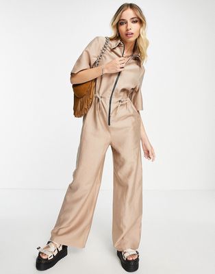 Topshop utility zip jumpsuit in stone-White