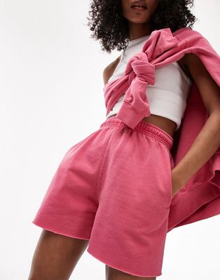 Topshop vintage wash raw hem sweat shorts in pink - part of a set