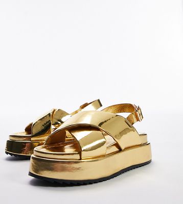 Topshop Wide Fit Gaby chunky flatform sandal in gold