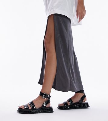 Topshop Wide Fit Grace flat sandal with buckle detail in black croc