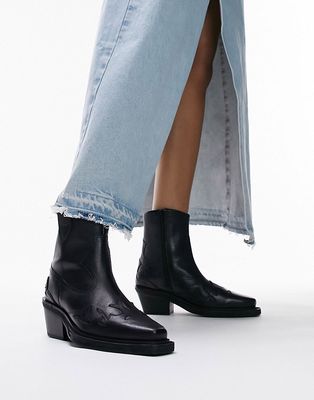 Topshop Wide Fit Lena leather western ankle boot in black